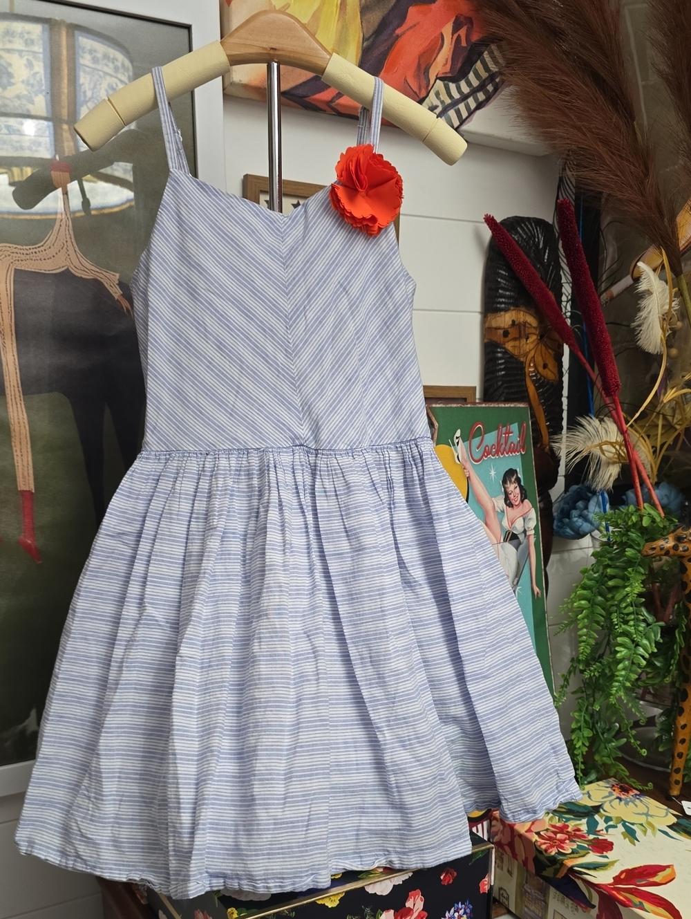 Gymboree Girls 8 Light Blue and White Striped Sundress with Orange Flower